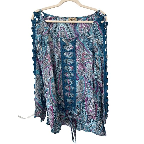 One World Tunic Top Plus Size 1X Crochet Lace Tie Front Paisley Blue Purple Boho - Picture 1 of 6